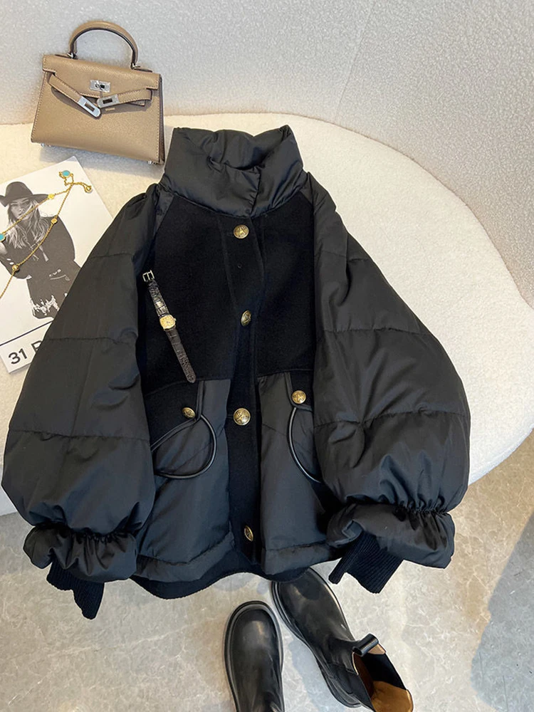 

Woman Clothing 2024 Winter Black Thickened Stitched Black Gold Down Jacket Women's Winter Jacket Woman Cotton Clothes