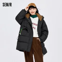 Semir Down Jacket Women Mid-Length Silhouette Cocoon Contrasted Color Hooded 2023 Winter New Fashion Thick Jacket