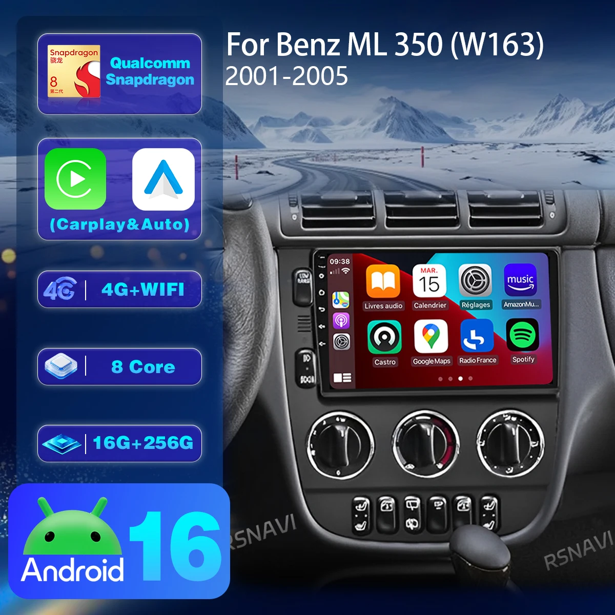 Android 16 Carplay Auto Car Radio Multimedia Player For Mercedes Benz M-Class W163 ML 1997 - 2005 Plug and Play Wireless CarPlay