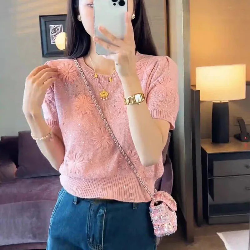 

Женская укороченная трикотажная футболка с круглым вырезом, однотонная Повседневная Свободная Мягкая футболка с коротким рукавом, лето 2024