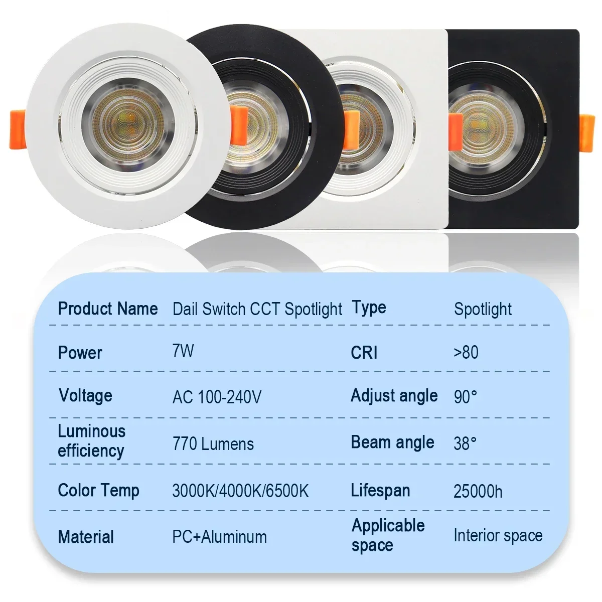 90 ° ângulo ajustável LED Projectores de teto, escurecimento tricolor, Downlight embutido para quarto, casa, Dial Switch, AC 220V, 110V, 8PCs