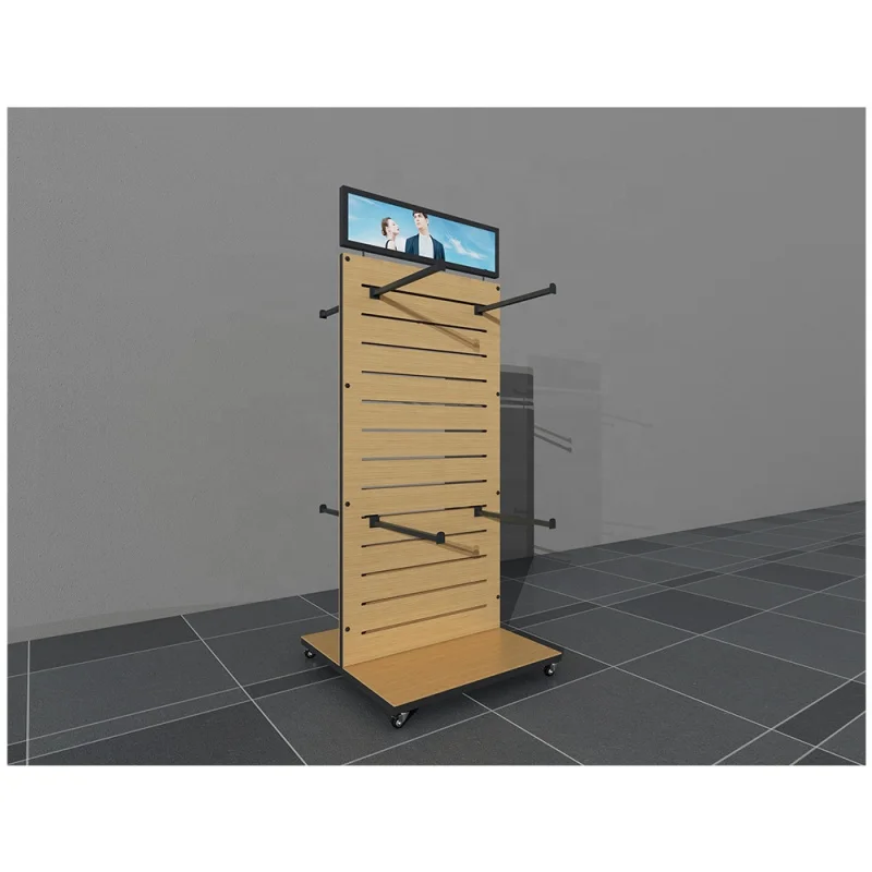 custom.Clothes shop display racks wood metal double sides shelves retail clothing store fixtures for hanging