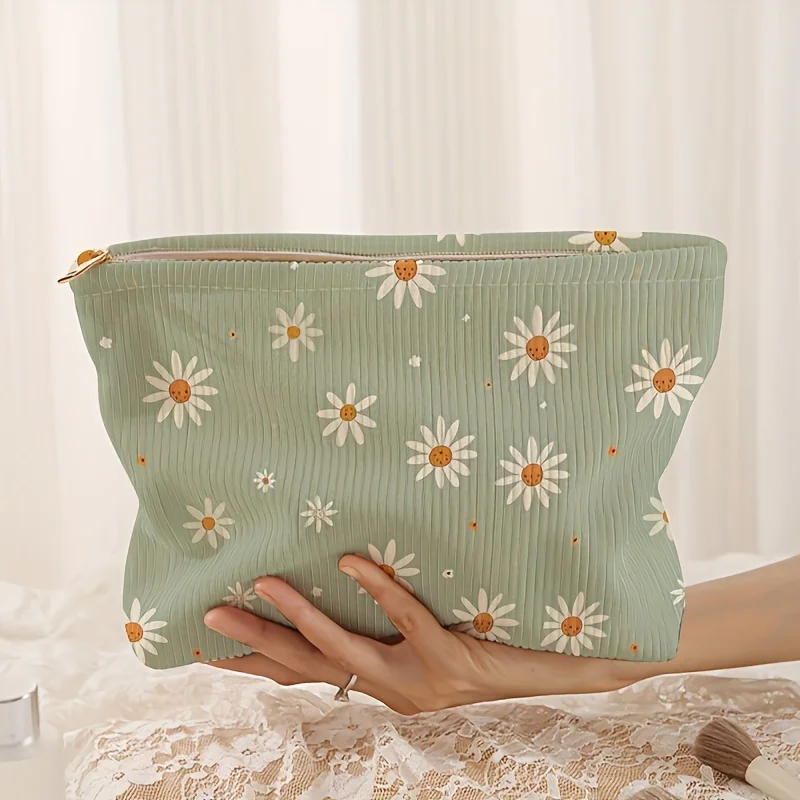 Simple small chrysanthemum pattern printed corduroy zipper makeup bag, lightweight and multifunctional cosmetic storage bag