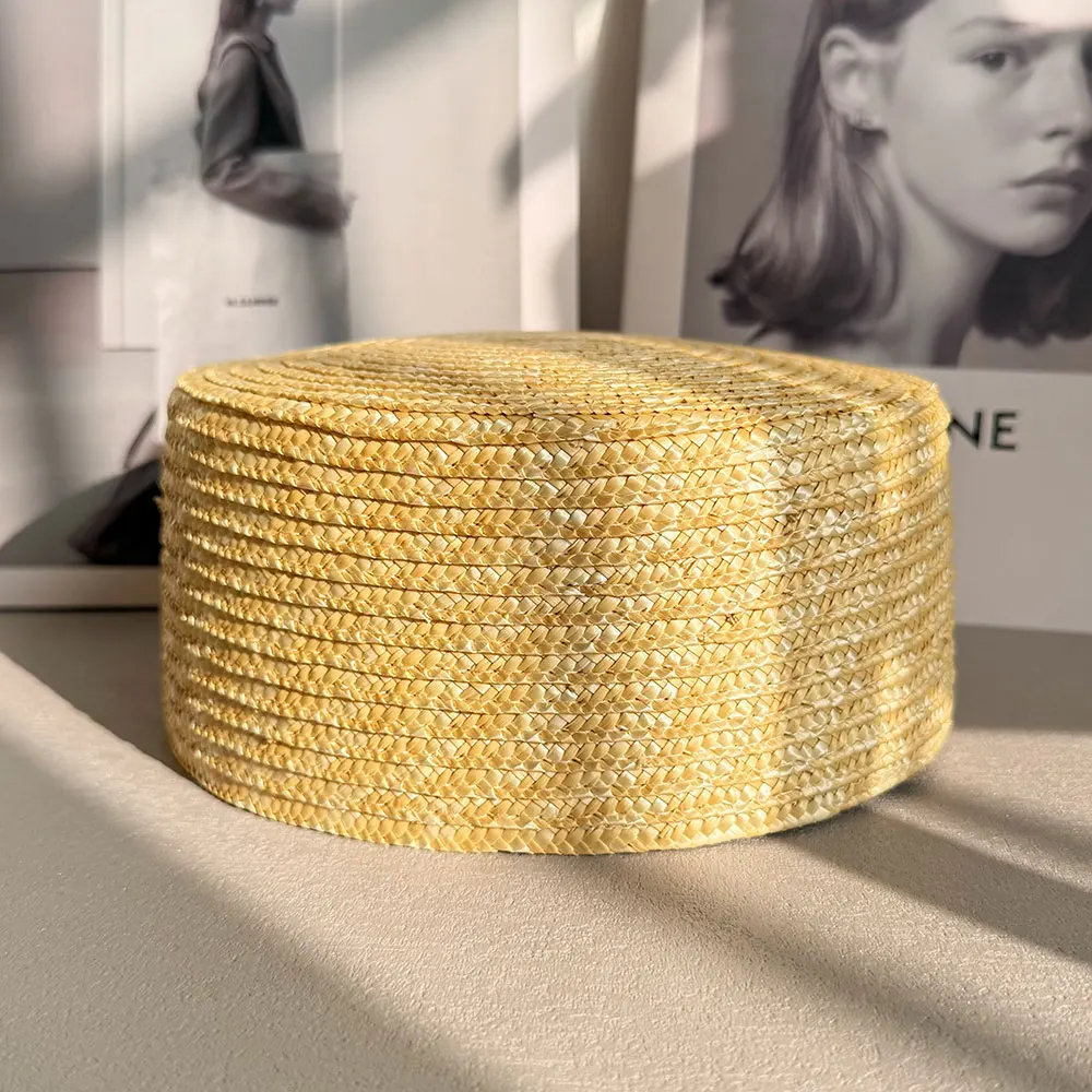 

New Trend Summer Vintage Hard Top Flat Fedoras Hats Women 100% Natural Straw Berets Hat Fascinator Caps Wedding Cocktail Party