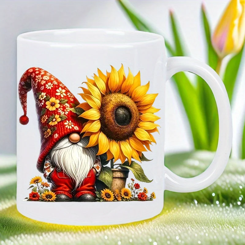 

Whimsical Sunflower Gnome Ceramic Mug - Reusable, Hand-Wash Only, Ideal for Coffee & Tea, Garden-Themed Decor, Garden Coffee Cup