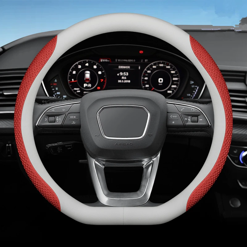 New Universal Car D Type Steering Wheel Cover For 37-38cm15Inch Napa Leather Breathable Car white red Interior AutoAccessories