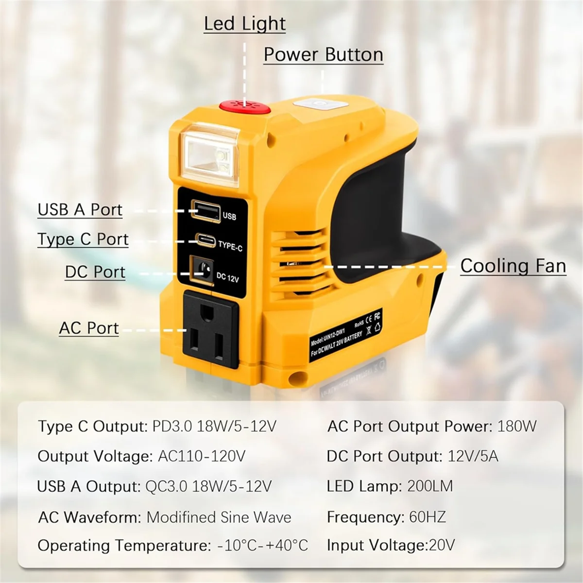 A002 Inverter Daya 180W untuk Baterai 20V, Konversi Catu Daya - Stopkontak Bertenaga Baterai DC 20V Ke 110V-120V Colokan AS