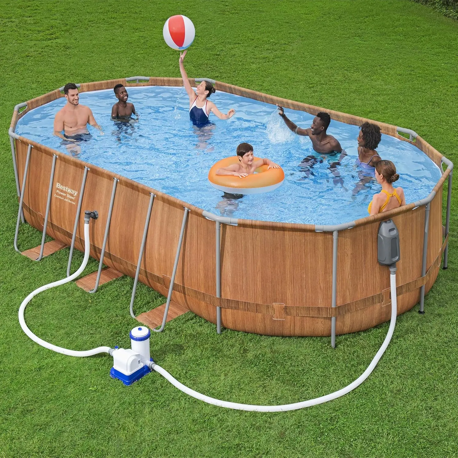 20ft X 48in Oval Above Ground Pool Kit with Wood Grain Pattern, Filter Pump and Ladder  Swimming Pools  Kids Pool