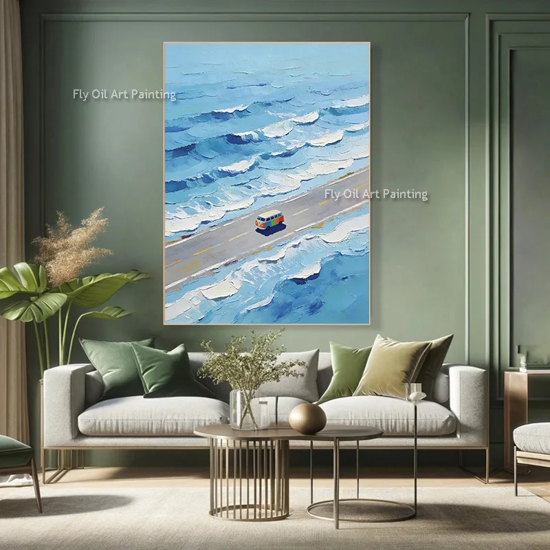 Dipinto su Tela Popolare con Vista Mare Blu e Bianco, Decorazione per Interni, Quadro a Olio Fatto a Mano con Auto in Bianco e Grigio