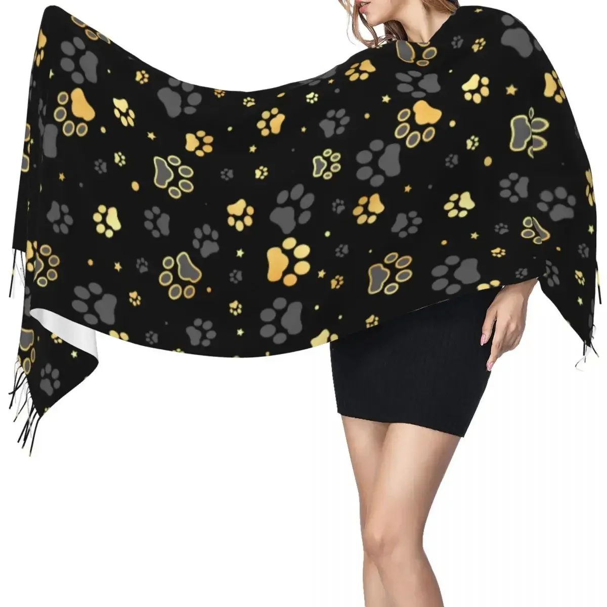 Autumn Winter Warm Scarves Gold Dog Paw Print And Star Fashion Shawl Tassel Scarves Wrap Neck Headband Hijabs Stole