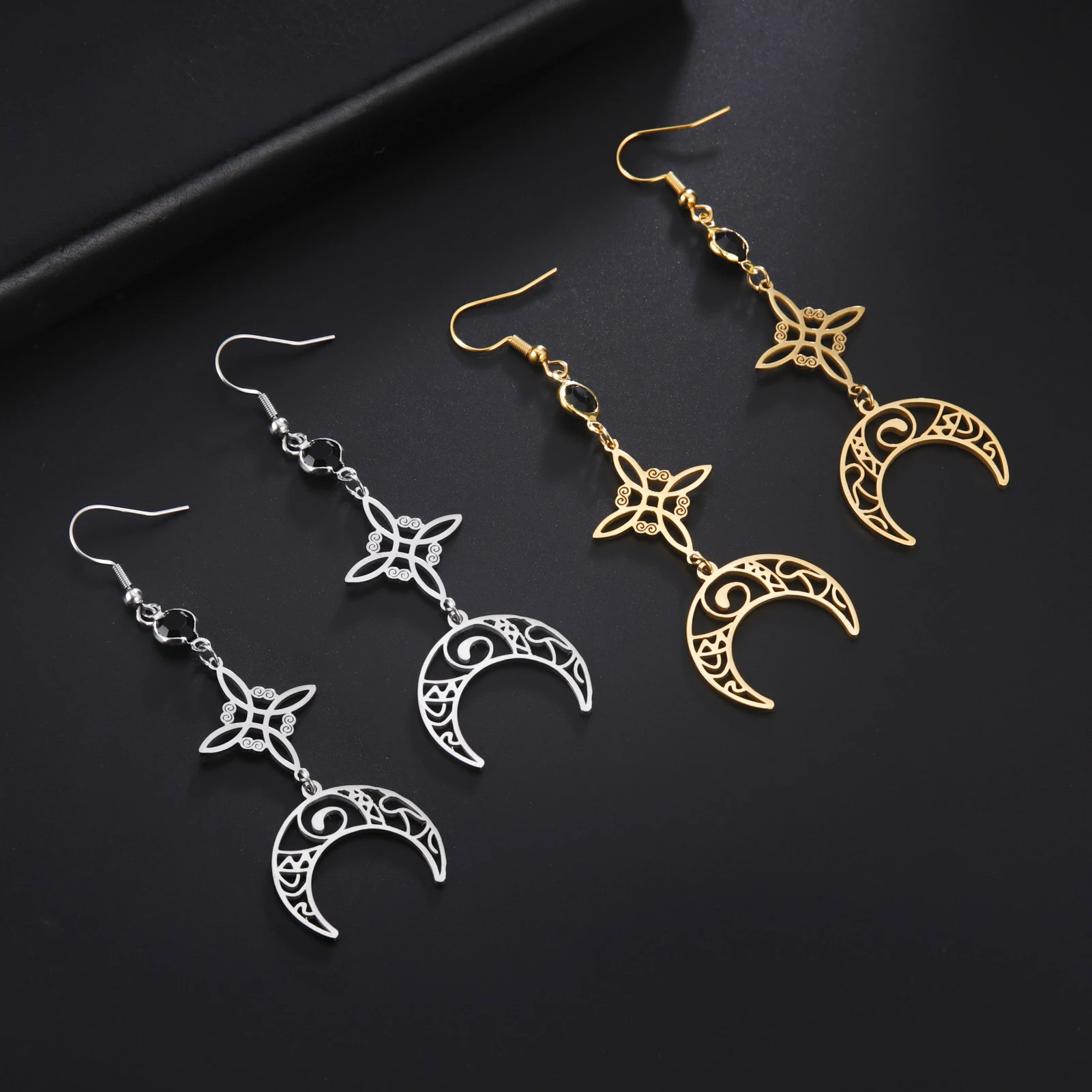 Hexen knoten Mond Ohrringe Edelstahl schwarz Geburts stein Tropfen Ohrringe für Frauen Celtics Knoten Glück irischen Amulett Wicca Schmuck