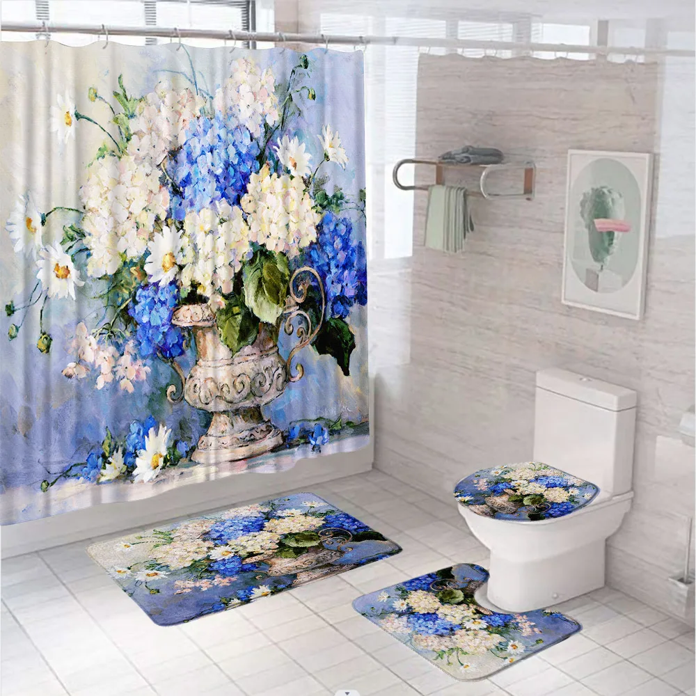 Red Flower Leaves Bathroom Set with Shower Curtain Rug Bath Mats Toilet Cover Spring Floral Rural Country Fabric Curtains Screen