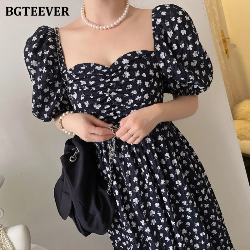 BGTEEVER Sommer Schlanke Taille Frauen Blumen Kleid Elegante Puff Sleeve Weibliche A-line Midi Kleid Damen Vestidos