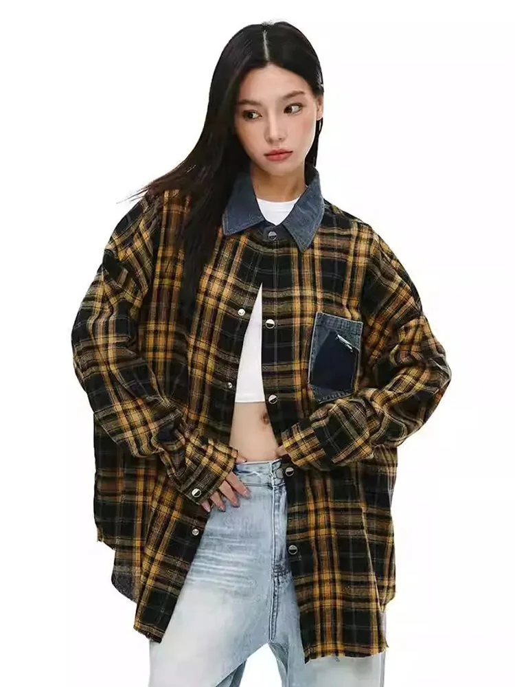 

Винтажная американская клетчатая рубашка женская Y2K с длинным рукавом свободная уличная блузка джинсовая лоскутная Bf Harajuku весенние топы в стиле хип-хоп новые