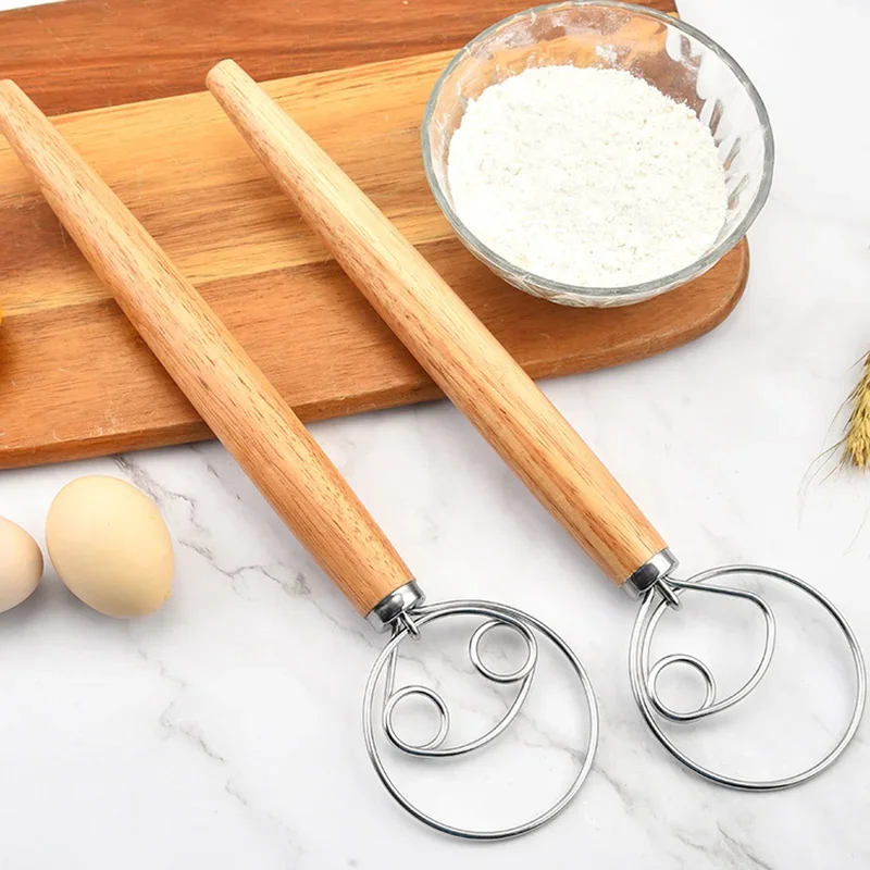 

Danish Dough Whisk Stainless Steel Dutch Style Bread Dough Hand Mixer Wooden Handle Kitchen Baking Tools Pastry Dough Blender