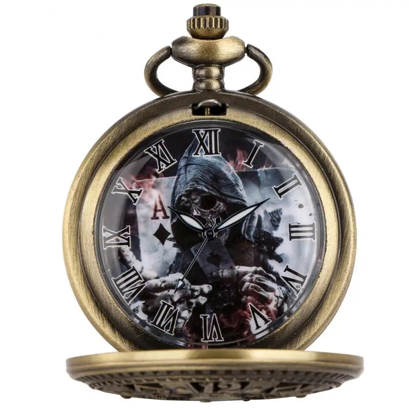 Bronze Retro Poker Cards Skull Design Ghost Display Steampunk Quartz Pocket Watch Fob Vintage Antique Clock with 80cm/38cm Chain