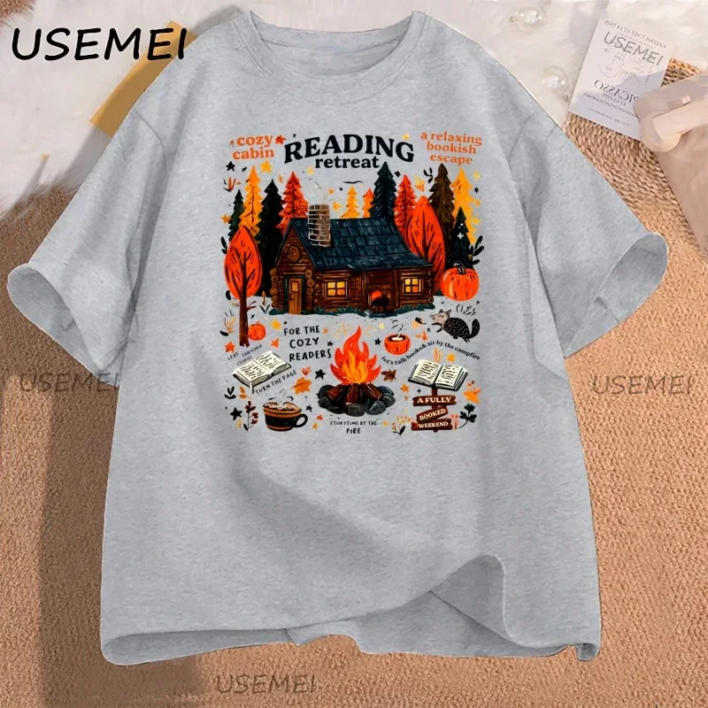 Cozy Cabin Reading Retreat T-shirt Fall Bookish Tshirt Readers Pumpkin Spice Book T Shirt Fashion Kawaii T-shirt Y2K Clothing