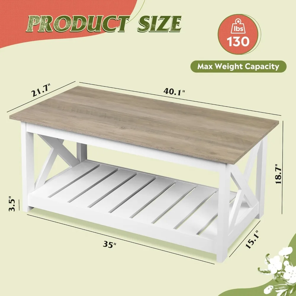 طاولة القهوة، 40.1 طاولة قهوة المزرعة مع رف تخزين شرائحي وإطار على شكل X، طاولة مركزية خشبية من طبقتين للمعيشة #3