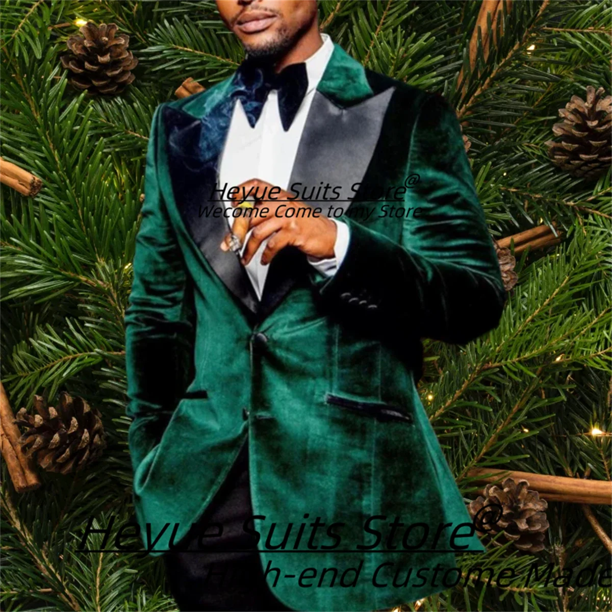 Elegant Green Velvet Formal Prom Suits For Men Peak Lapel Groom Tuxedos 2 Pieces Sets Luxuly Male Blazers Slim Fit Ropa Hombre