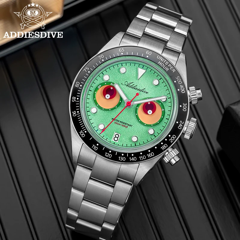 ADDIESDIVE Men's Quartz Chronograph Watch Japan VK64 100M Waterproof Watches AD2557 BGW9 Luminous Domed Crystal Ceramic Bezel