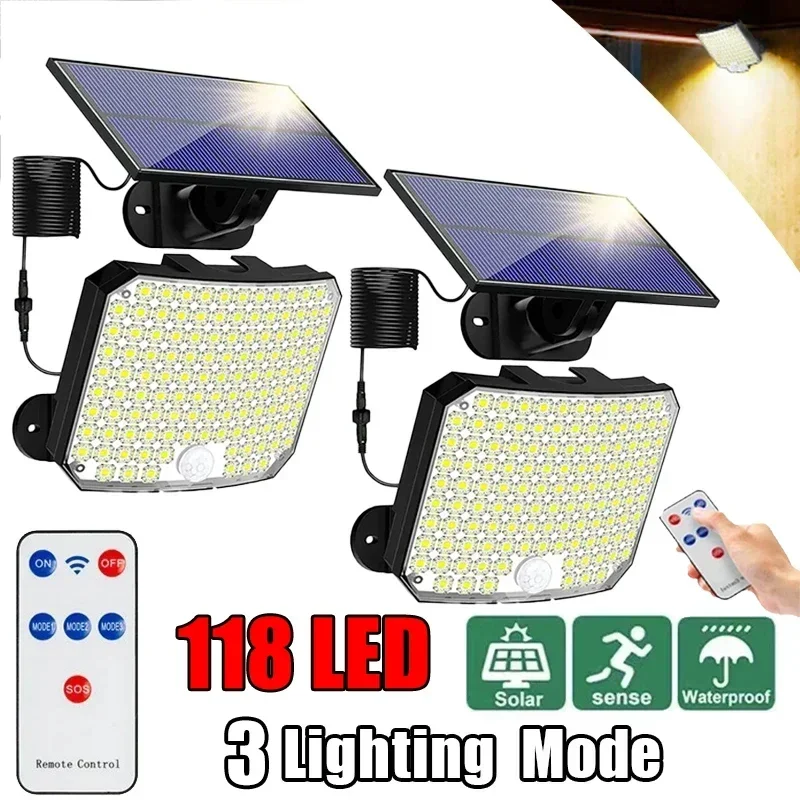 

118LED Outdoor Solar Light 3 Mode Street lamp with Motion Sensor Remote Control IP65 Waterproof Patio Garage Backyard Wall Light