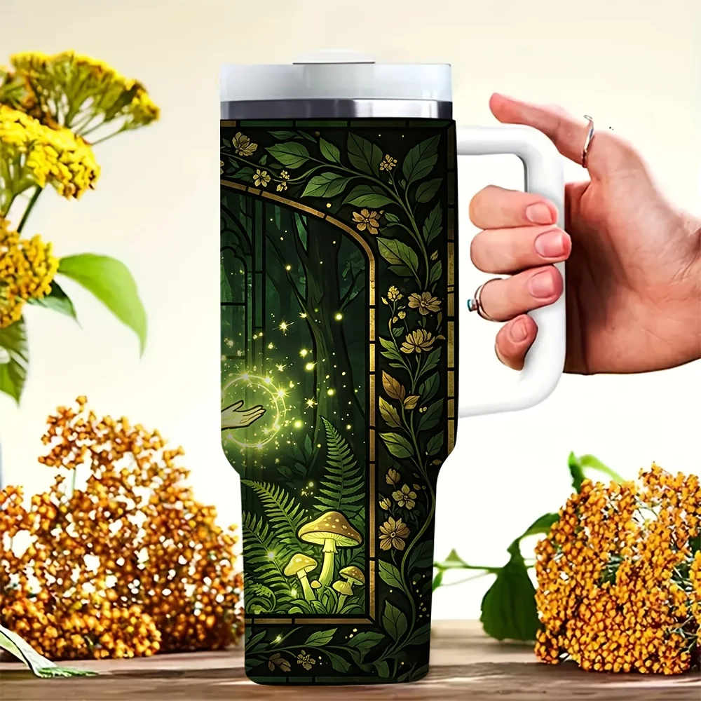 40Oz Tumbler with Handle, Green Magical Forest Goddess Print, Suitable for Women And Nature Lovers, Perfect for Outdoor Travel Camping And Daily Use, Fits Both Hot And Cold Drinks