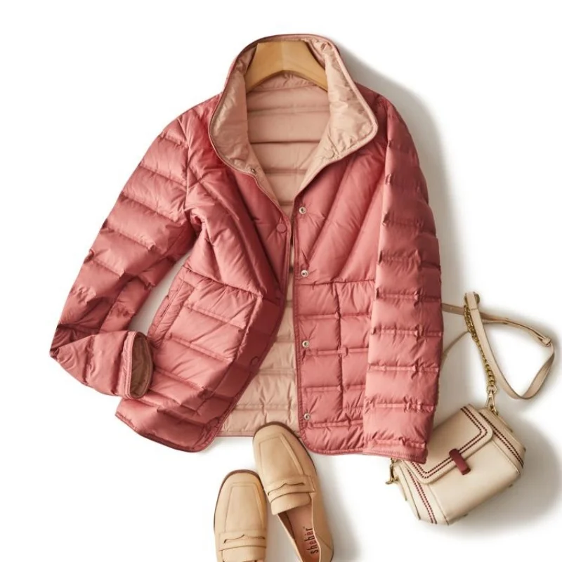Two-Sided Autumn Winter Women Single Breasted Down Jacket Parkas Light Thin White Duck Down Coat Lady Warm Short Puffer Outwears