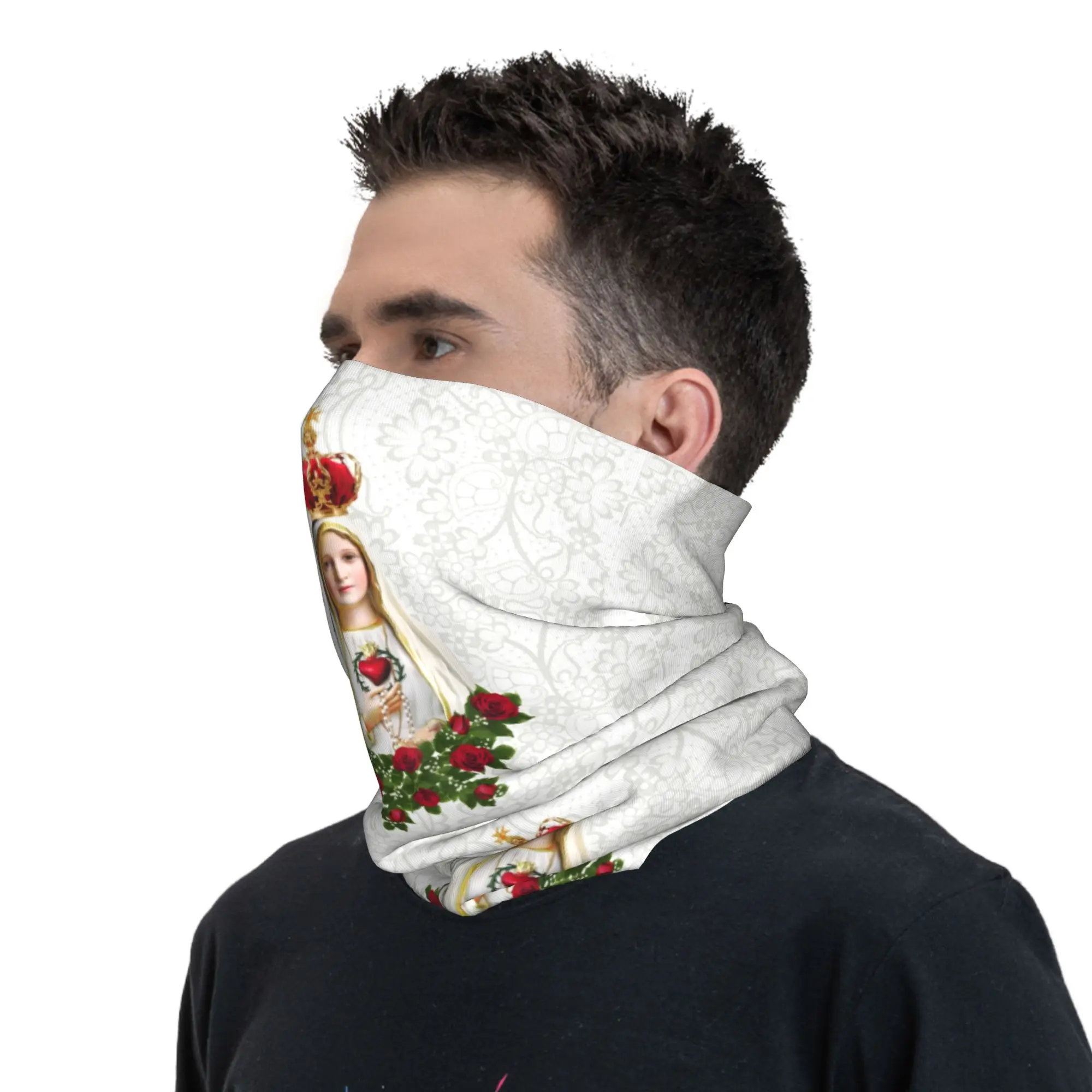 Our Lady of Fatima Virgin Mary Bandana Neck Warmer Windproof Wrap Face Scarf for Ski Portugal Rosary Catholic Gaiter Headband view 6