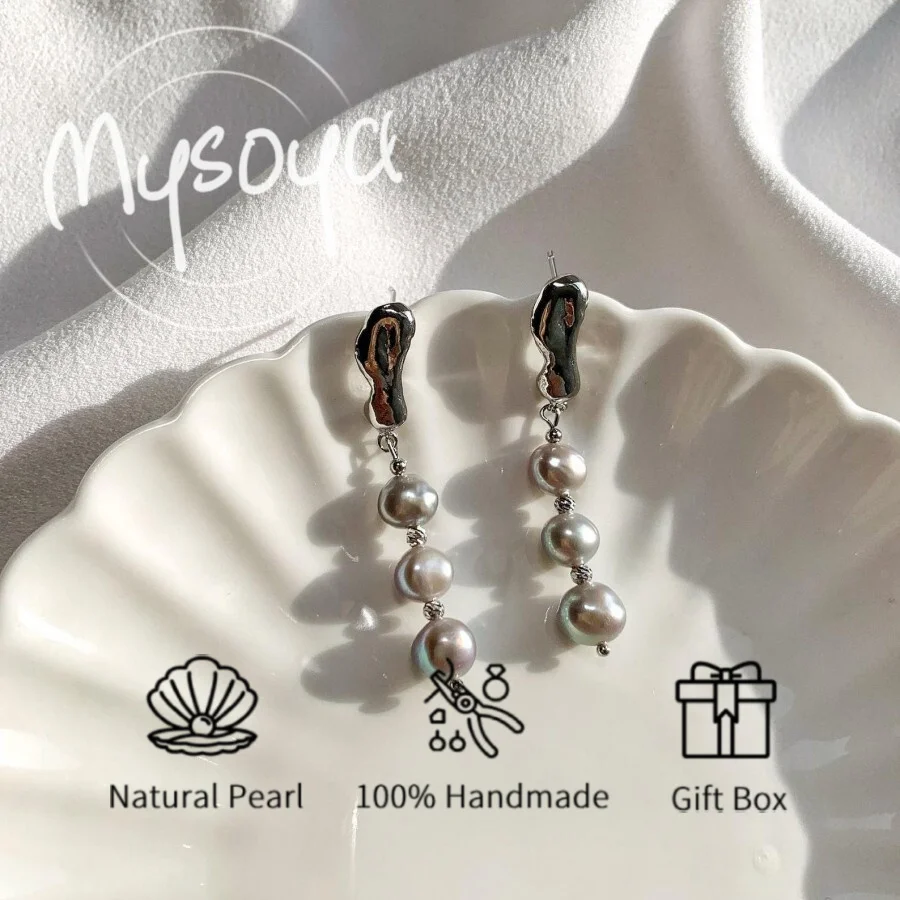 

MYSOYA 7-8mm Natural Grey Baroque Pearl Irregular Earrings With Gift Box Perfect Birthday Wedding Christmas Jewelry Gift