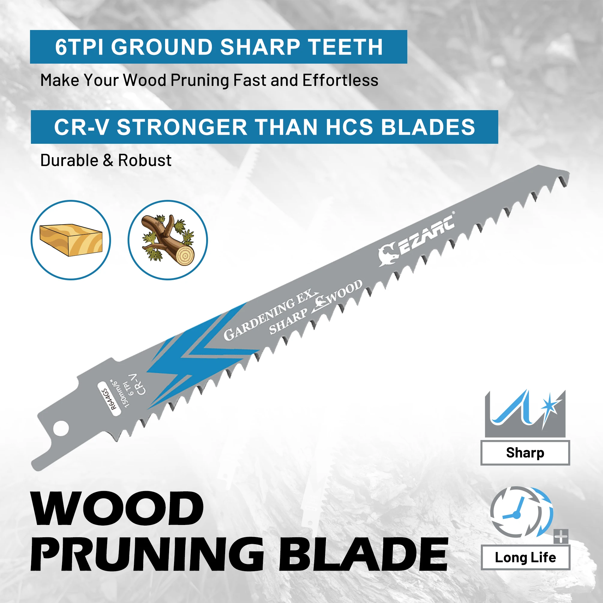 EZARC 6-Inch(150mm) 6TPI Reciprocating Saw Blades Heat-Treated CR-V Cut Tools for Wood Cutting, Tree Pruning & Plastic Pipes