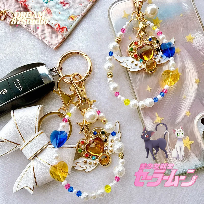 Sailor Moon Warrior Anime Peripheral Cartoon Eternal Moon Crystal Heart Keychain Beaded Wing Bag Pendant Anime Fans Decor Gifts view 3