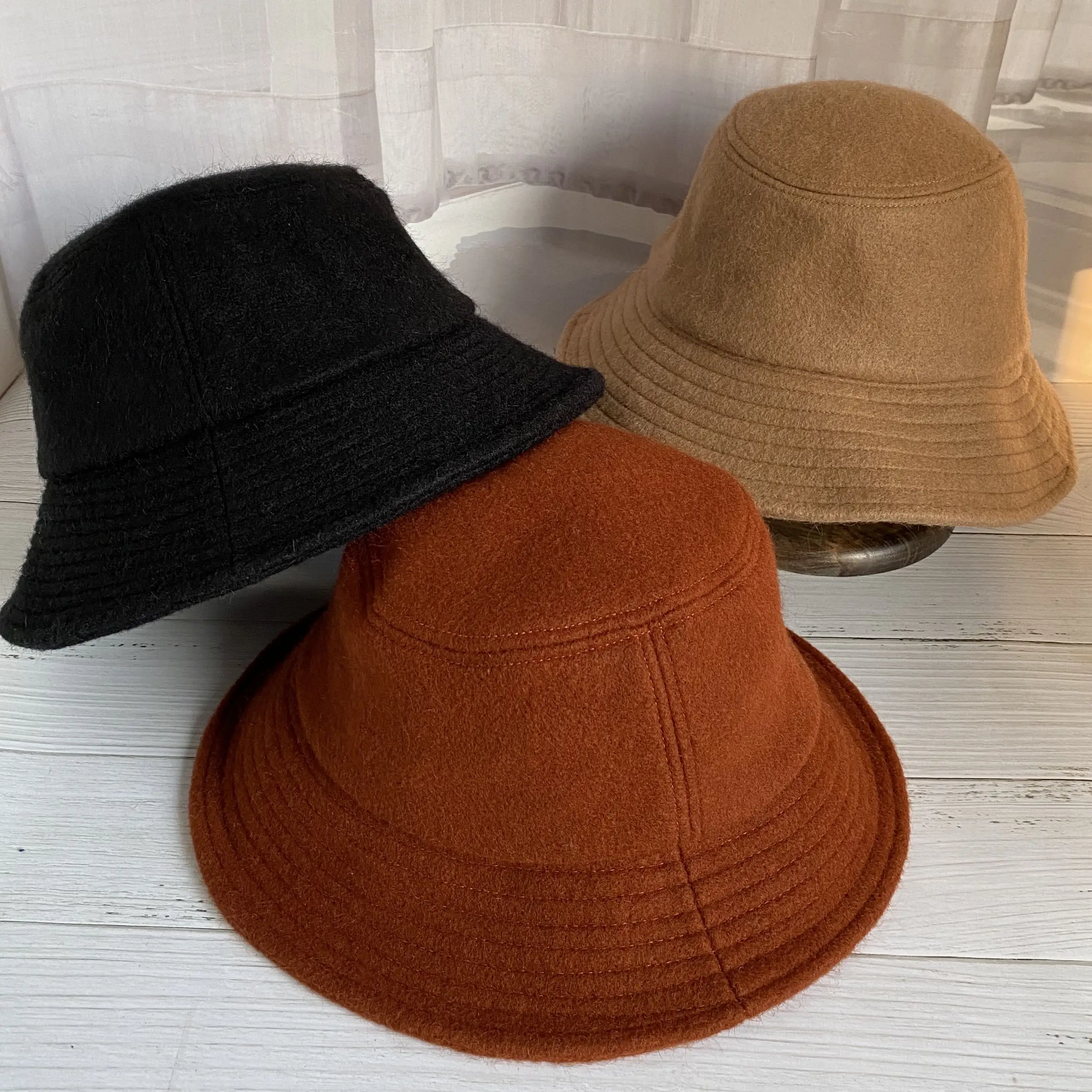 Autumn and Winter Elegant Ladies Solid Color Black All-match Wool Bucket Hat Basin Hat