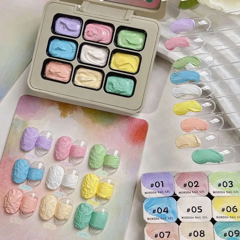 

9 цветов макарон, картина маслом, лак для ногтей, клей, размазывание консервов, высокая насыщенность, популярный полутвердый лак для ногтей-Ma Ka Long