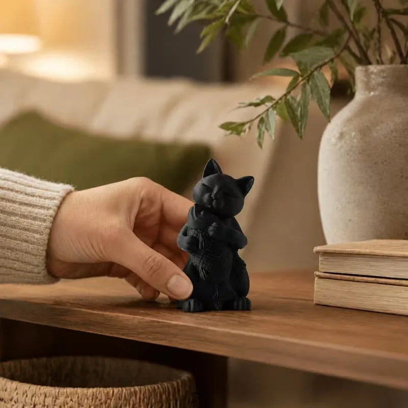 Black Cat Hugging Fish 3D Printed Figurine Cute Animal Desktop Ornament Minimalist Craft Shelf Decor Creative Office Table Decor