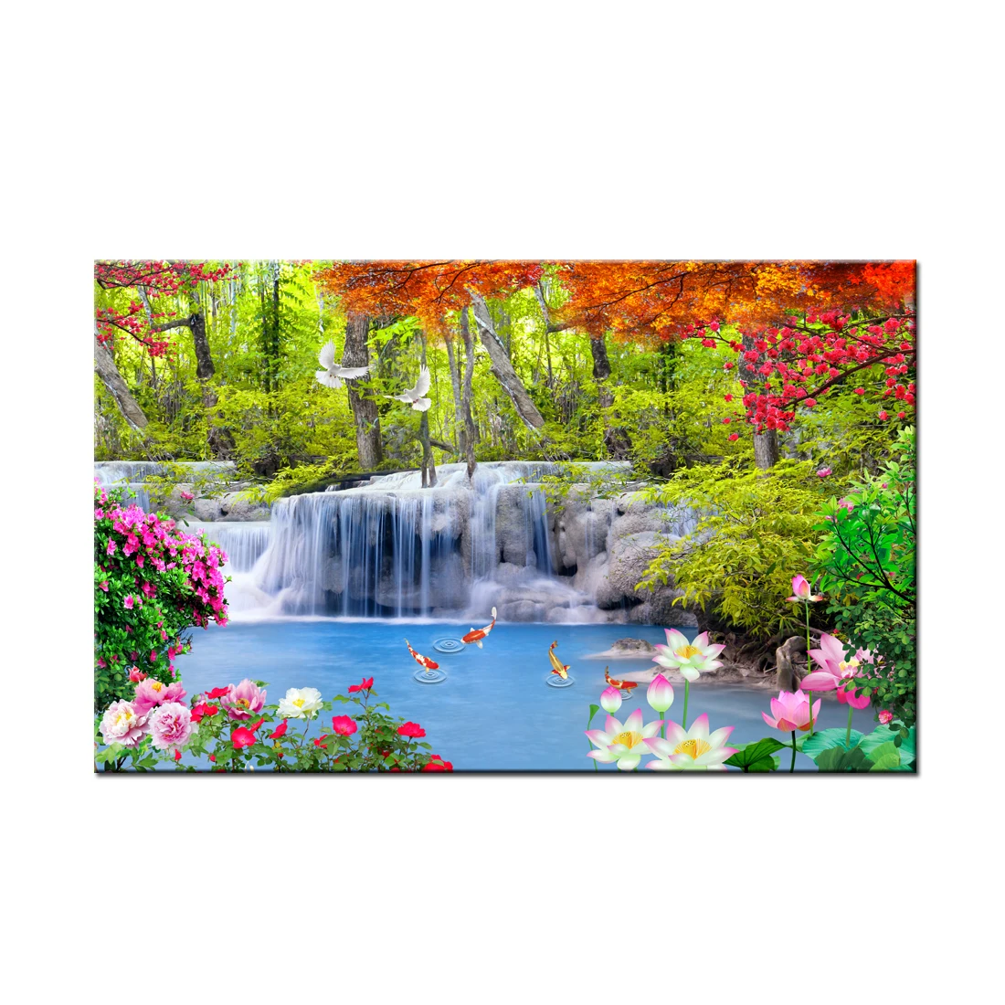 

Forest Waterfall Landscape Nature Flowers Canvas Print Painting HD Picture Wall Art Living Room Home Decor HYS2009