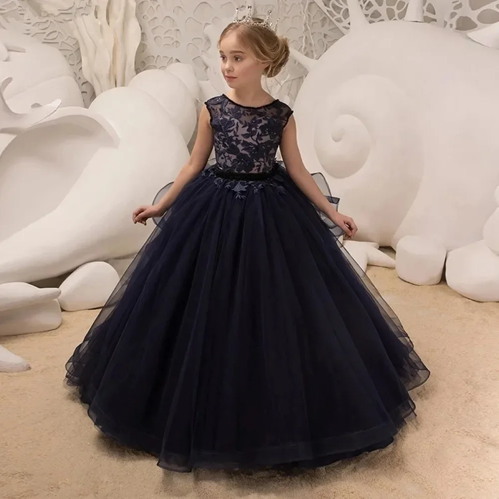 Vestidos de flores de Boda sin espalda para niña, Apliques de encaje de cumpleaños, vestidos de baile de fiesta para niña pequeña, vestido personalizado de primera comunión