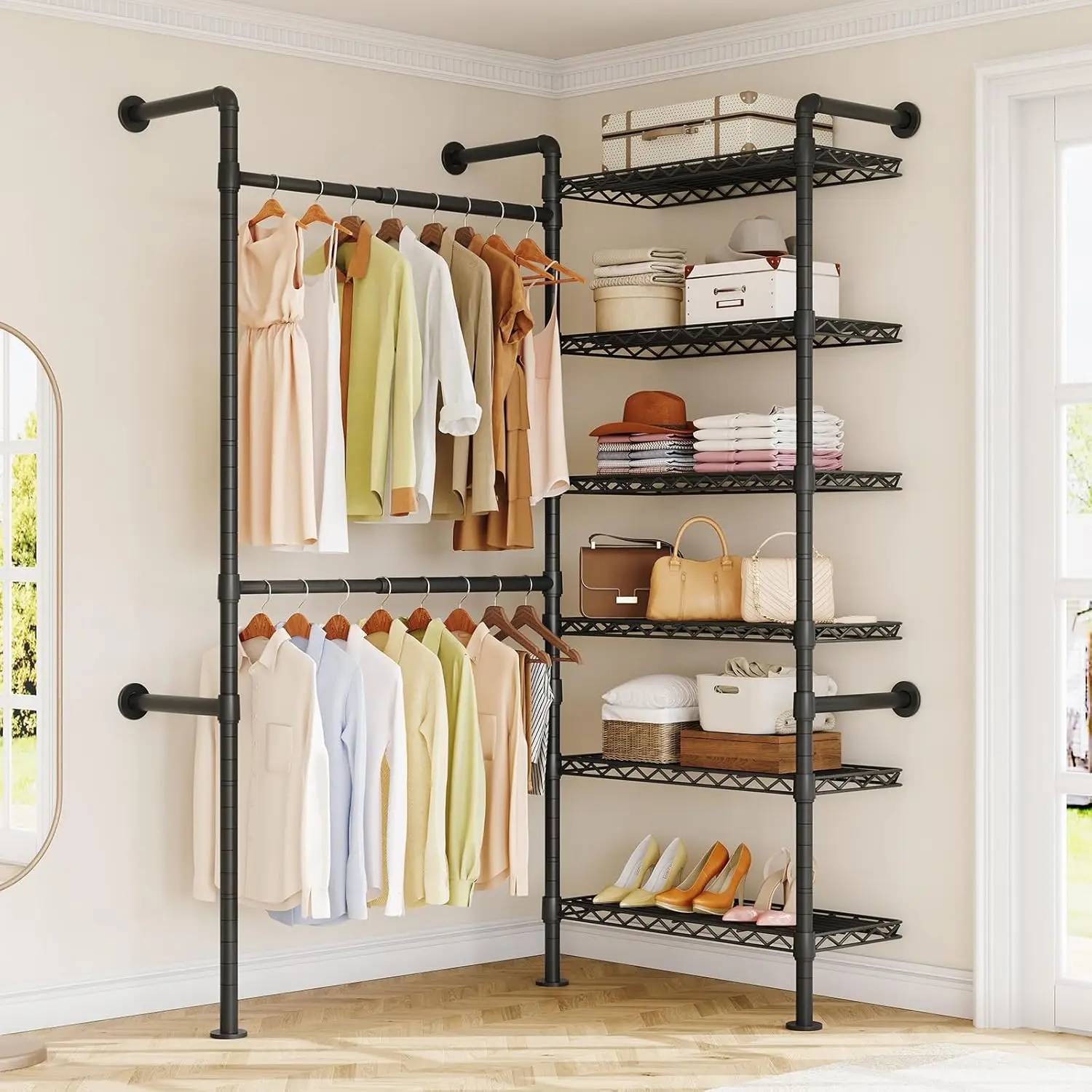 

Wall Mounted Closet System Industrial Pipe Rack 2 Telescopic Rods 6 Shelves Heavy Duty Organizer Black Customized