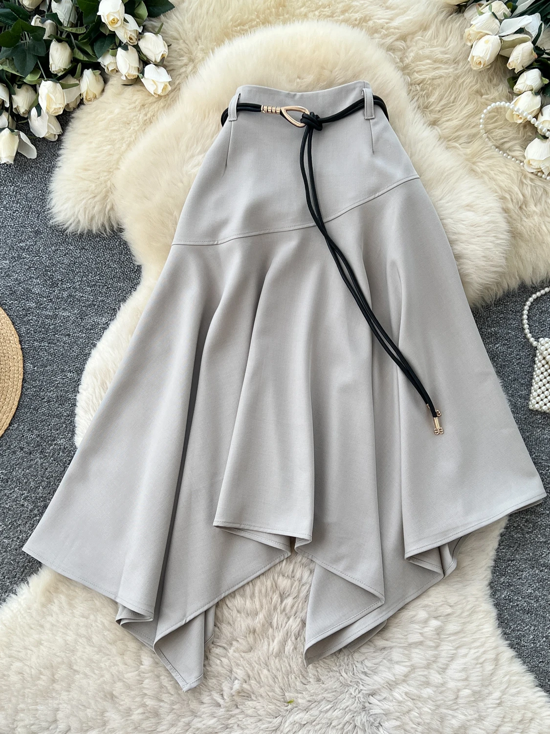 High Waist A-Line Midi Skirt for Women Commute Design Sense Belt Irregular Design Slimming Korean Style Polyester Fiber