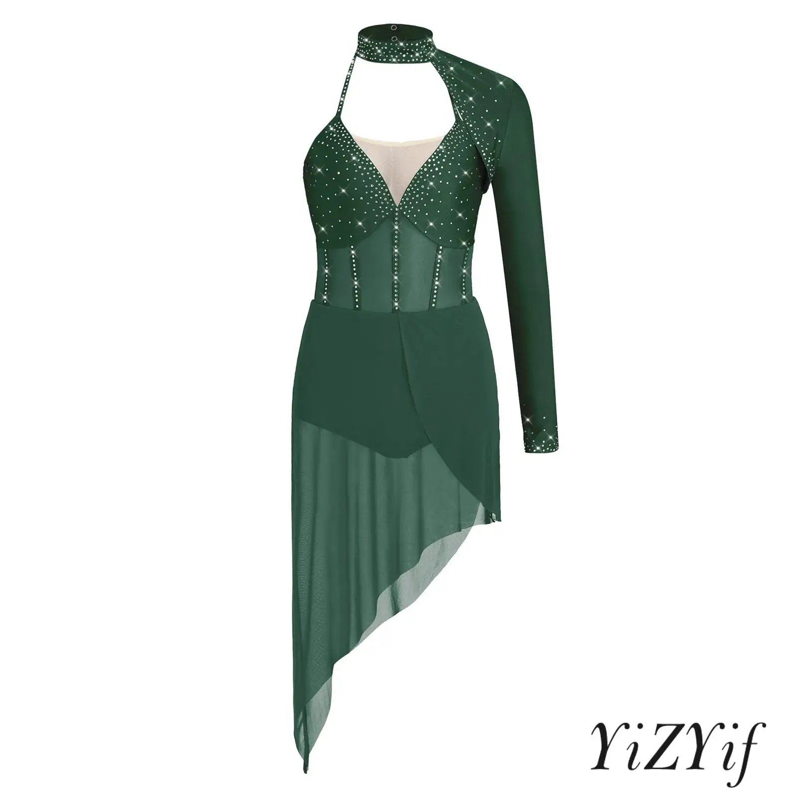 

Lyrical Ice Skating Dance Dress for Women Rhinestone Single Sleeve Strappy Backless Mesh Hem Bodysuit Ballet Tango Salsa Dress