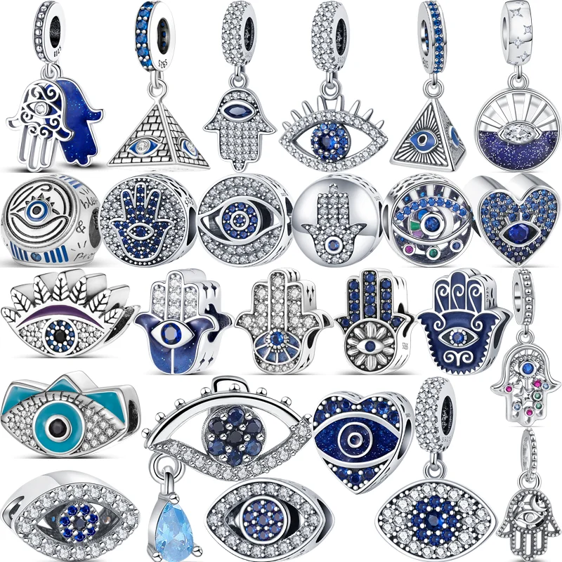 

Authentic New 925 Sterling Silver Blue Hand Eyes Pave Zircon Pendant Fine Beads Fit Original Pandora Charms Bracelet DIY Jewelry