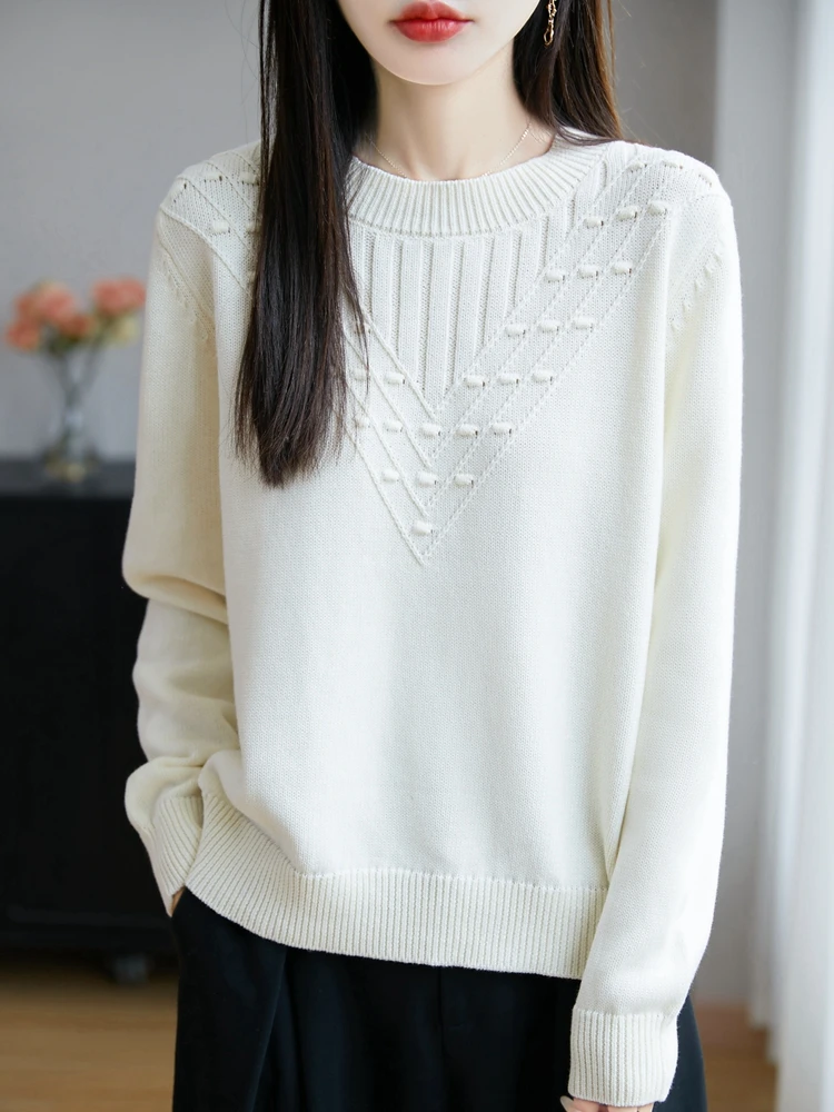 Thiened malhas de algodão puro de sete agulhas redondas ne suéter solto feminino casual sle longo sve outono primavera inverno top