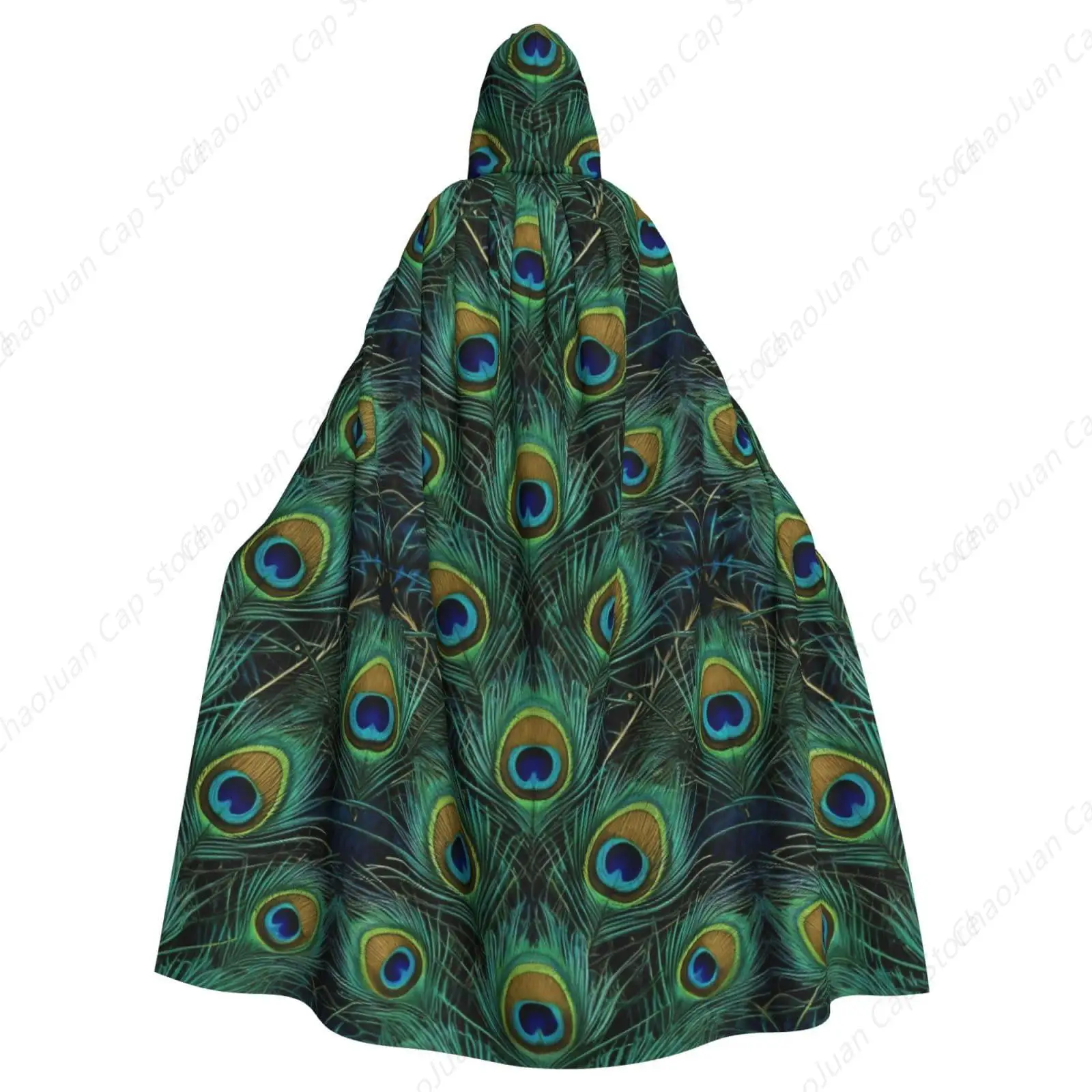 Peacock Feather Hooded Cloak for Adults, Vibrant Teal Blue and Gold Exotic Pattern Cape for Women Men, Ideal for Cosplay