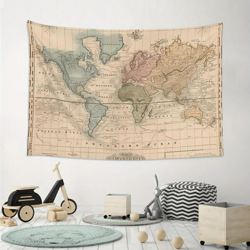 VIKAMA World Map Tapestry Wall Hanging Vintage Cotton Bedroom Dorm Decor Concert Backdrop Stage Banner Fan Gift