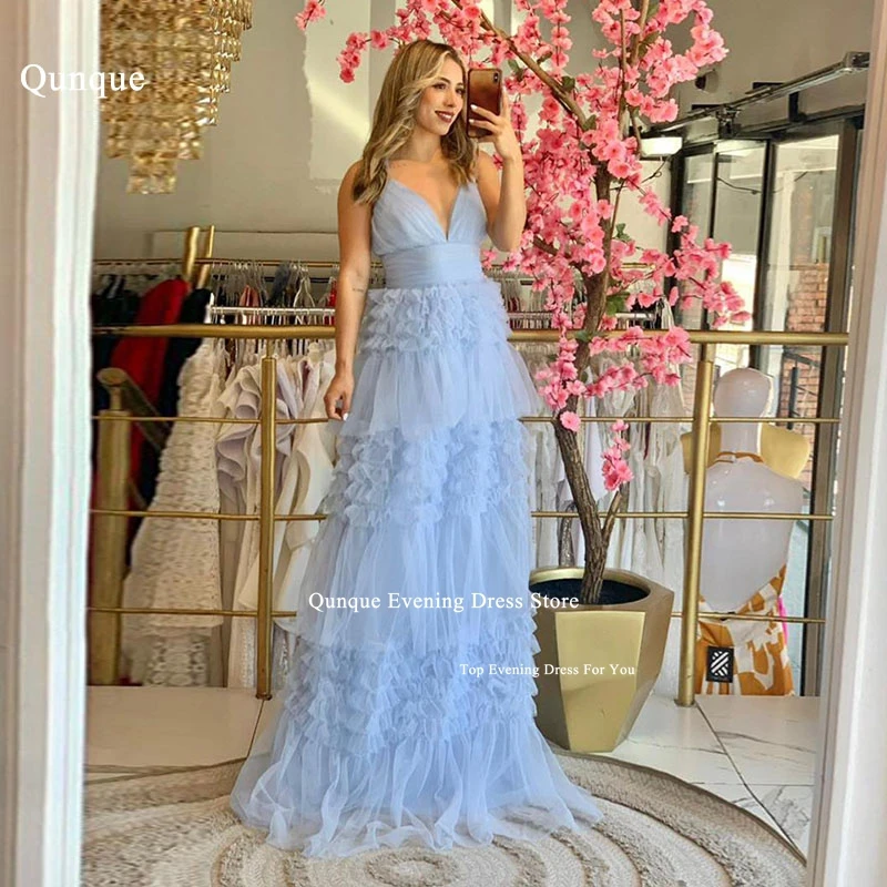 

Qunque Sky Blue Long Evening Dresses Pleat Tulle Formal Graduation Party Gowns With Tiered Skirt فساتين سهرة Robes De Soirée