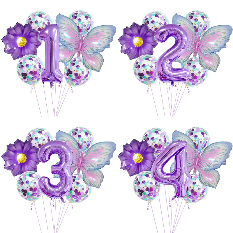 7Pcs Purple Butterfly Balloons Set 32inch 0-9 Number Foil Balloon Wedding Baby Shower Helium Globos Birthday Party Decorations