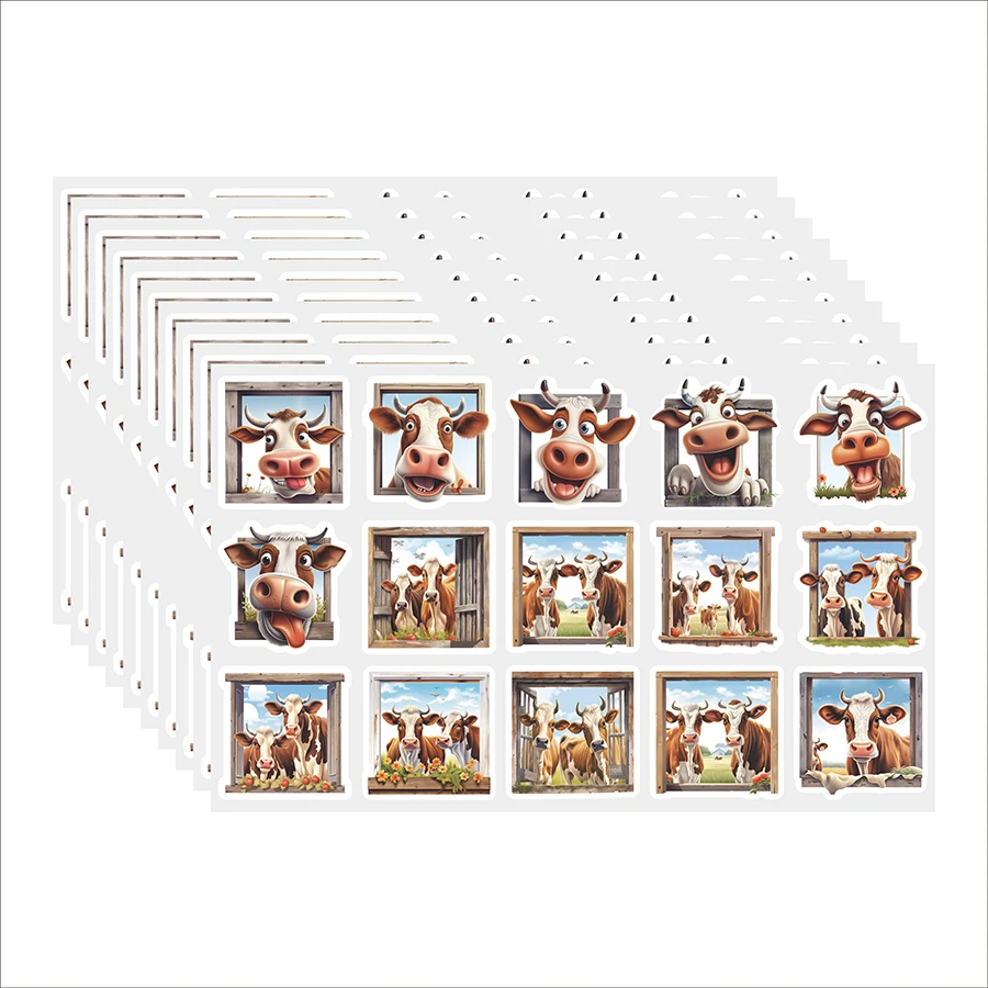 150 Pcs Cartoon Cow Stickers, Funny Square Labels for Journals, Scrapbooks, Bottles, Packaging, DIY Crafts