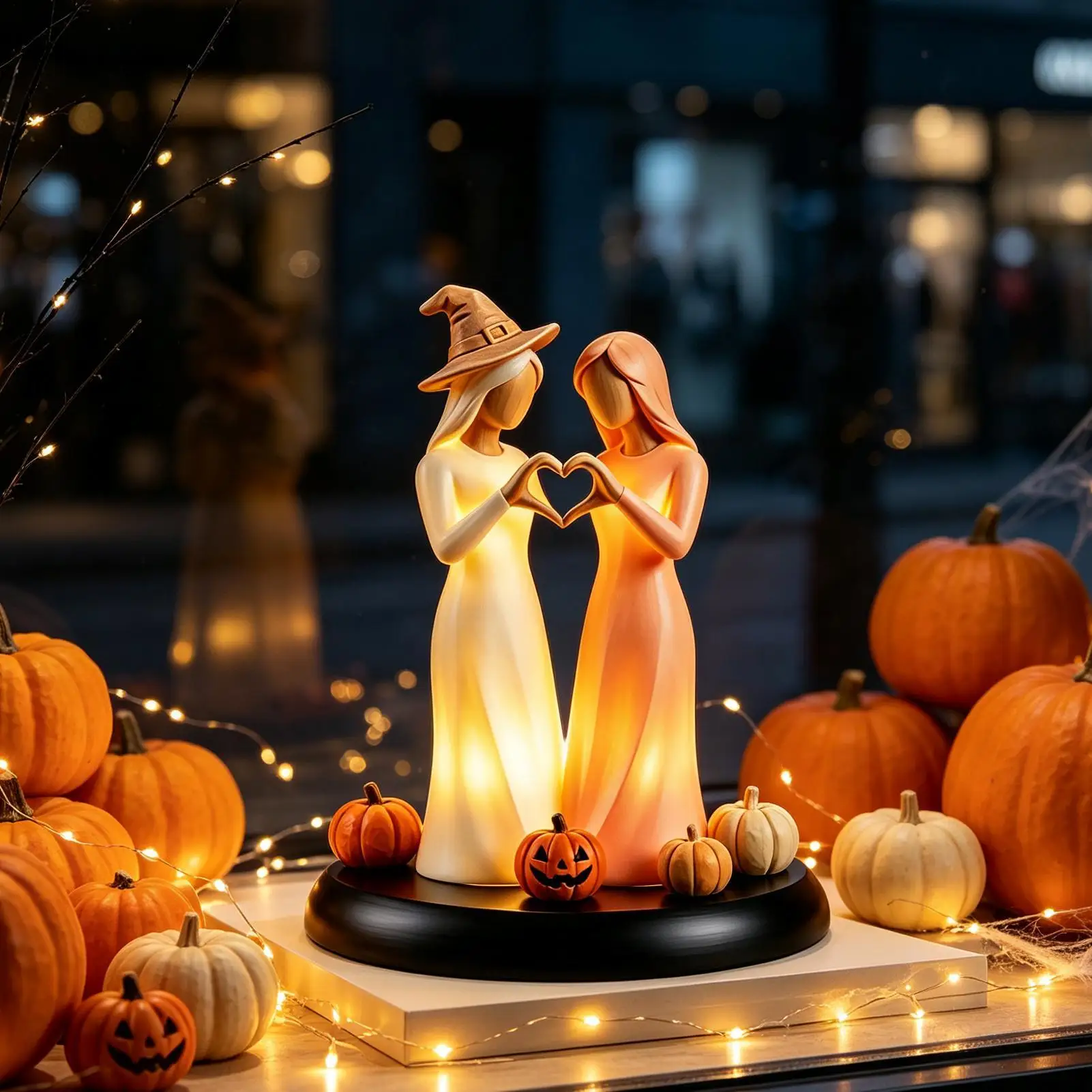 Glowing Ghost Sisters Ornaments Handmade Resin Friendship Sculptures With Pumpkin LED Warm Light Lamp For Fall Party Indoor