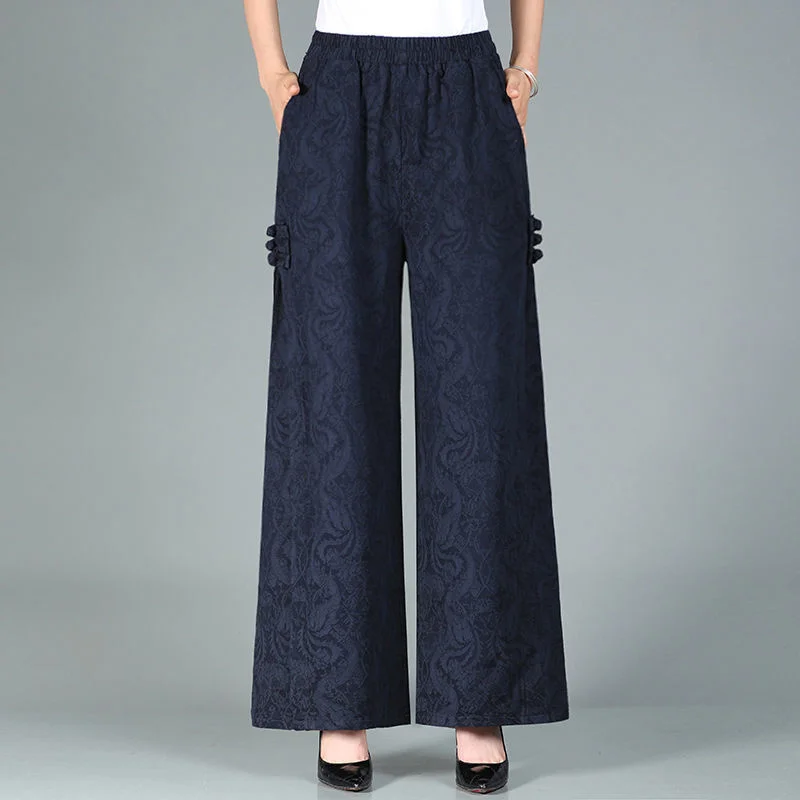 

Vintage Cotton Linen Jacquard Wide Leg Trousers For Middle-aged Women Casual High Waist Baggy Straight Pants 3XL 4XL