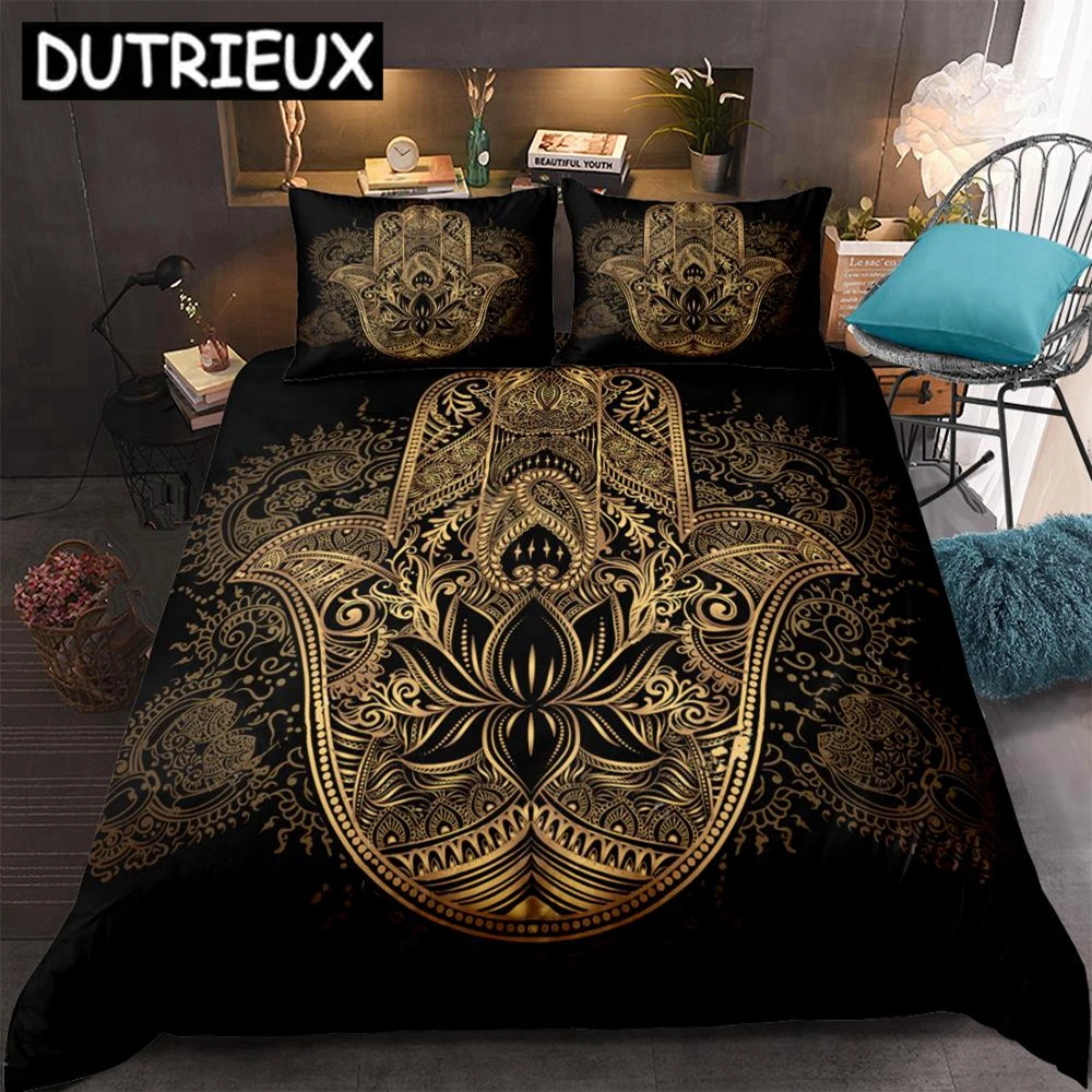 

Black - Gold Boho Mandala Hamsa Hand Bedding Set: Fatima Hand - Inspired Bed Linen with Quilt Cover