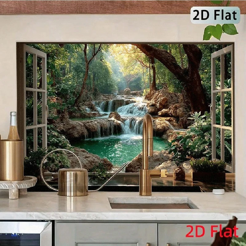 Modern Waterfall Forest Scenery Window View Wall Sticker Living Room Bedroom Bathroom Office Decorative Wall Art Decoration